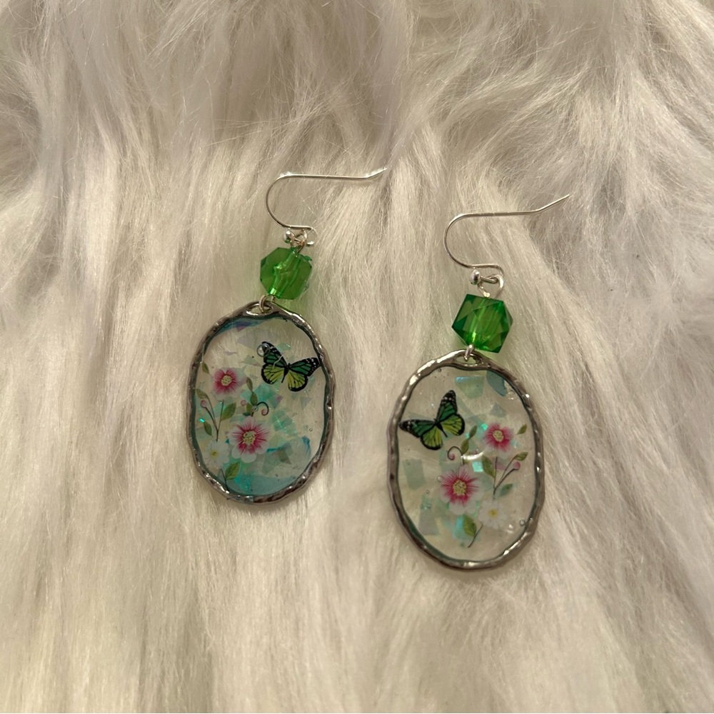 Floral Butterfly Earrings with Green Accents handmade